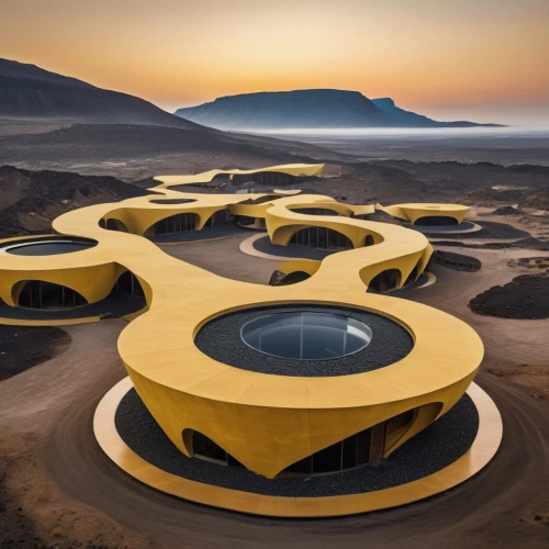 solar cell base,futuristic landscape,futuristic art museum,futuristic architecture,sakhir,arcology,helipads,heliports,stereocenter,helicarrier,sky space concept,bonestell,ringworld,helipad,cube stilt houses,heatherwick,earthship,gigaflops,infinity swimming pool,mining facility,Photography,General,Realistic