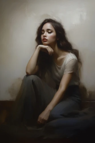 woman sitting,heatherley,donsky,mystical portrait of a girl,depressed woman,digital painting,girl sitting,bergersen,young woman,world digital painting,girl in cloth,overpainting,girl in a long,etty,jeanneney,woman playing,eponine,marla,woman thinking,heslov,Conceptual Art,Oil color,Oil Color 11