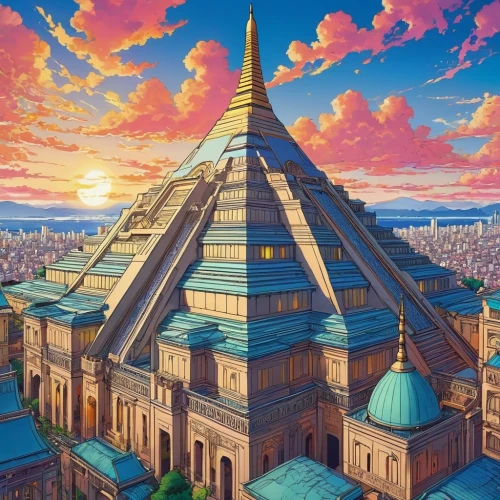 pyramidal,pyramids,pyramid,schuitema,roof domes,pyramide,louvre,reichstadt,schuiten,glass pyramid,tenochtitlan,mypyramid,vittoriano,temples,hildebrandt,citadels,the great pyramid of giza,extrapyramidal,ancient city,skylstad,Illustration,Japanese style,Japanese Style 04