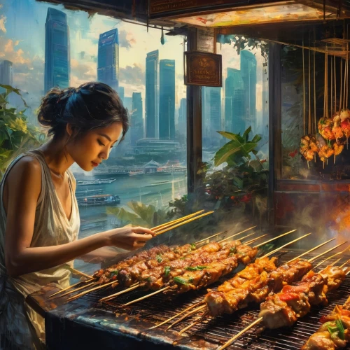 filipino barbecue,yakitori,indonesian street food,outdoor cooking,grilled meats,barbecue,barbecued,chicken barbecue,barbeque,bahian cuisine,grilled food,barbecues,bbq,thai cuisine,asian cuisine,barbecue area,barbeque grill,barbecuing,street food,summer bbq,Conceptual Art,Fantasy,Fantasy 05
