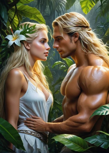 adam and eve,garden of eden,fantasy picture,glorfindel,tarzan,hylas,romantic scene,fantasy art,secret garden of venus,cairenes,lorien,wiglaf,melian,romantic portrait,iolaus,finrod,garamantes,dryads,romancing,male elf,Conceptual Art,Fantasy,Fantasy 12