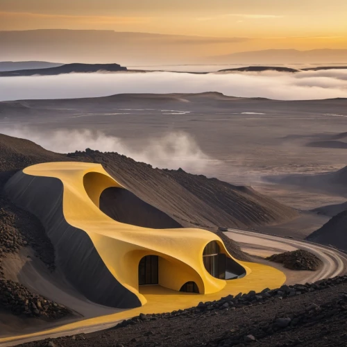 volcanic landscape,futuristic landscape,road cover in sand,eastern iceland,admer dune,winding road,yellow mountains,winding roads,crescent dunes,intercrater,haleakala,smoking crater,hadhrami,dune landscape,active volcano,canary islands,futuristic architecture,islandia,the volcanic cone,the volcano,Photography,General,Realistic