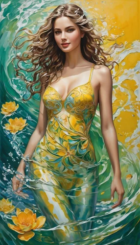 water nymph,sirena,amphitrite,the sea maid,the blonde in the river,sirene,fantasy art,ophelia,nereid,girl on the river,oil painting on canvas,oshun,naiad,art painting,water rose,celtic woman,oil painting,fantasy picture,bodypainting,water flower,Art,Classical Oil Painting,Classical Oil Painting 02