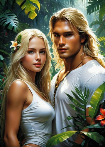 adam and eve,tarzan,garden of eden,cairenes,iolaus,fantasy picture,hylas,amazonians,glorfindel,beautiful couple,kamandi,junglee,coconut perfume,young couple,melian,turok,jungly,romantic portrait,fantasy art,findel,Conceptual Art,Fantasy,Fantasy 12