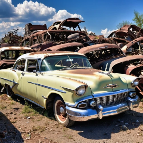 salvage yard,junk yard,car cemetery,scrapyard,junkyard,junkyards,scrap yard,scrap car,rusty cars,edsel,old cars,old abandoned car,scrapyards,scrapped car,car recycling,scrappage,oldsmobiles,tailfins,car scrap,route 66,Photography,General,Realistic