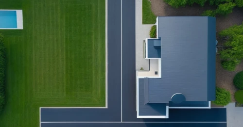 roof landscape,suburbia,pool house,suburban,drone shot,eisenman,outdoor pool,view from above,modern architecture,from above,drone image,paved square,birdview,residential,residential house,landscaped,roof top pool,bauhaus,private estate,swimming pool,Photography,General,Realistic