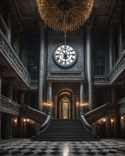 gringotts,dishonored,empty interior,theed,hall of the fallen,empty hall,staircase,time spiral,louvre,ornate room,neoclassical,labyrinthian,grandfather clock,3d render,europe palace,sapienza,clock,immenhausen,oculus,cochere,Conceptual Art,Fantasy,Fantasy 13
