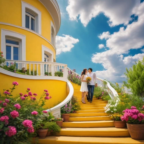 home landscape,winding steps,home ownership,conveyancing,anacapri,yellow garden,walkway,dreamhouse,honeymoons,roof landscape,homebuyers,balcony garden,balconied,stairways,inmobiliarios,outside staircase,stairs to heaven,house insurance,girl on the stairs,romantic scene,Illustration,Realistic Fantasy,Realistic Fantasy 26