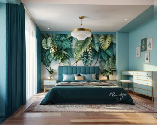 bedroom,blue room,tropical house,modern decor,great room,bedrooms,interior decoration,guest room,modern room,contemporary decor,interior decor,fromental,interior design,chambre,decors,guestroom,decoratifs,decortication,decor,philodendron,Photography,General,Realistic