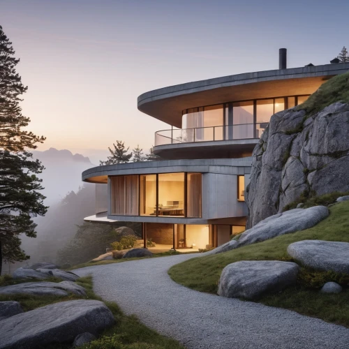 house in mountains,snohetta,house in the mountains,dunes house,modern architecture,cliffside,modern house,dreamhouse,mountain stone edge,beautiful home,cubic house,futuristic architecture,swiss house,cantilevered,alpine style,mountain hut,stone house,forest house,clifftop,roof landscape,Photography,General,Realistic