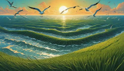 ocean waves,water waves,sea landscape,ocean background,sea birds,bird migration,tidal wave,ocean,bird island,nature background,coastal landscape,wave pattern,emerald sea,birds of the sea,migratory birds,seascape,landscape background,bird painting,waves,sun and sea,Illustration,Realistic Fantasy,Realistic Fantasy 12