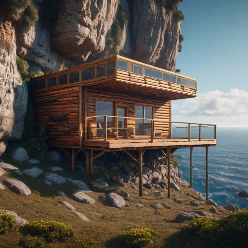 cliffside,cubic house,floating huts,house by the water,3d render,dunes house,wooden house,render,small cabin,dreamhouse,fisherman's hut,outpost,clifftop,summer cottage,wooden hut,cryengine,treehouse,summer house,holiday home,oceanfront,Photography,General,Sci-Fi