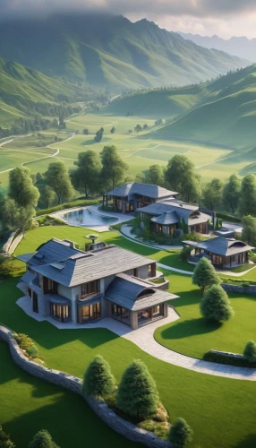 feng shui golf course,ecovillages,golf resort,the golf valley,swiss house,3d rendering,house in mountains,house in the mountains,home landscape,golf hotel,alpine pastures,snohetta,building valley,ecotopia,smart house,luxury property,homebuilding,tulou,suburbanized,country estate,Illustration,Paper based,Paper Based 11