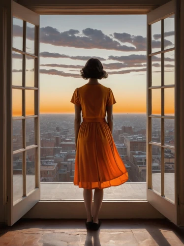 woman silhouette,girl in a long dress,silhouette,a girl in a dress,orange robes,window to the world,overlook,orange,girl in a long dress from the back,vertigo,orange sky,window view,silhouette against the sky,art silhouette,lubezki,the silhouette,house silhouette,tangerine,girl walking away,overlooking,Illustration,Vector,Vector 12