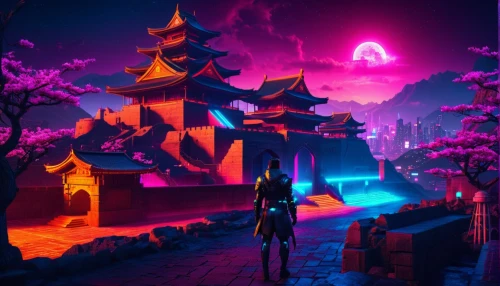 ancient city,imaginasian,3d fantasy,mulan,fantasy city,shambhala,dusk background,asia,tianxia,dusk,vapor,3d render,asian vision,3d background,aesthetic,colorful city,lumo,low poly,4k wallpaper,purple wallpaper,Conceptual Art,Sci-Fi,Sci-Fi 26