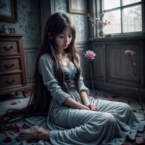 cinderella,mystical portrait of a girl,fairy tale character,girl praying,girl in a long dress,relaxed young girl,rapunzel,peignoir,porcelain rose,the sleeping rose,hanfu,belle,girl sitting,nightdress,isoline,fantasy picture,photo manipulation,fantasy portrait,melancholia,hanbok