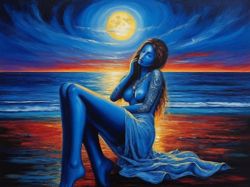 blue moon,blue moon rose,blue painting,oil painting on canvas,art painting,oil painting,azzurro,amphitrite,ariadne,bodypainting,moon shine,blue enchantress,moonlit night,moonshadow,bohemian art,oshun,blue background,moondance,moonlit,girl on the dune,Illustration,Realistic Fantasy,Realistic Fantasy 33