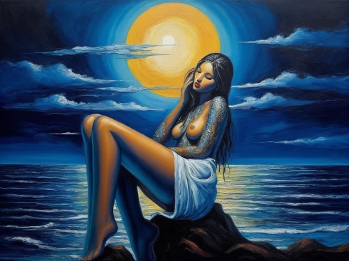 amphitrite,blue moon,nereid,oshun,ariadne,oil painting on canvas,sirena,oil painting,inanna,siren,oil on canvas,blue moon rose,sirene,baoshun,azzurro,venus,water nymph,indigenous painting,azzurra,samudra,Illustration,Realistic Fantasy,Realistic Fantasy 33