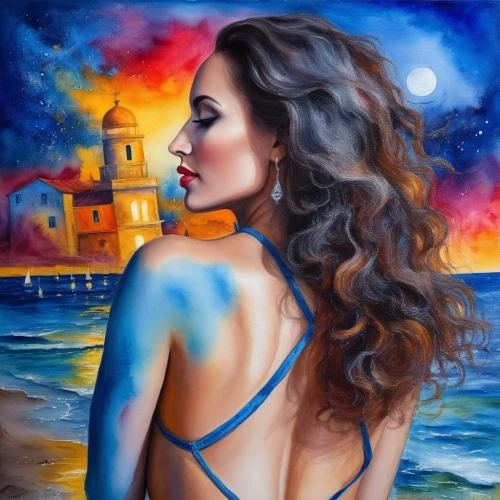follieri,azzurra,bodypainting,oil painting on canvas,italian painter,body painting,azzurro,fantasy art,art painting,amphitrite,themyscira,watercolor pin up,oil painting,inanna,bodypaint,viveros,apollonia,ariadne,mexican painter,tretchikoff,Illustration,Paper based,Paper Based 24