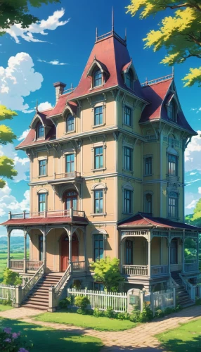 ghibli,dreamhouse,studio ghibli,house painting,house by the water,apartment house,country house,clannad,victorian house,country hotel,sylvania,springfield,country estate,violet evergarden,miramare,grand hotel,seaside resort,kotoko,beautiful home,private house,Illustration,Japanese style,Japanese Style 03