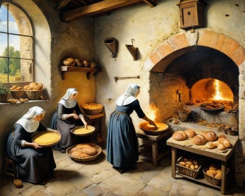 breadmaking,basketmakers,nuns,hildebrandt,cookery,girl with bread-and-butter,boulangerie,handmaidens,benedictines,bakery,protestants,restorers,monjas,the annunciation,puritans,postulants,noblewomen,pilgrims,trappists,annunciation,Art,Classical Oil Painting,Classical Oil Painting 37