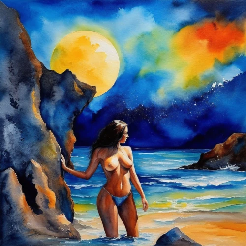 beach landscape,girl on the dune,beach scenery,seascape,beach background,watercolor background,oil pastels,sea landscape,lover's beach,moonrise,oil painting,art painting,watercolor painting,fantasy art,naturism,dream beach,oil painting on canvas,blue moon,watercolor,water color,Illustration,Paper based,Paper Based 24
