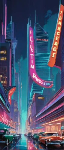 retro diner,cybercity,cybertown,polara,futurist,cinerama,neon arrows,fantasy city,futurists,futuristic landscape,riverdale,cyberpunk,autopia,digitalism,neons,neon sign,cyberworld,motorcity,futurians,metropolis,Illustration,Retro,Retro 12