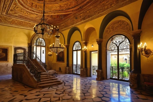 entrance hall,foyer,alcazar of seville,royal interior,corridor,lobby,hallway,interior decor,inside courtyard,interior view,villa cortine palace,entranceway,parador,hotel hall,sala,hala sultan tekke,patio,qasr al watan,villa balbianello,paradores,Art,Classical Oil Painting,Classical Oil Painting 31