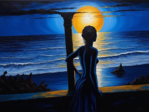 blue moon,woman silhouette,oil painting on canvas,dubbeldam,oil painting,blue painting,oshun,mermaid silhouette,indigenous painting,amphitrite,el mar,man at the sea,fathom,art painting,oil on canvas,sea night,ariadne,blue enchantress,girl on the dune,moonshadow,Illustration,Realistic Fantasy,Realistic Fantasy 33