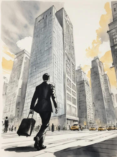 salaryman,cityscapes,city scape,salarymen,sci fiction illustration,world digital painting,lemire,a pedestrian,business world,mies,pedestrian,urbaine,book illustration,megacities,cosmopolis,shinra,abstract corporate,tall buildings,globe trotter,tishman,Illustration,Paper based,Paper Based 30