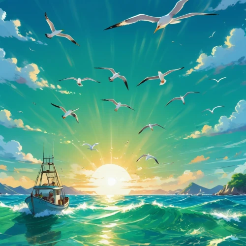 birds of the sea,sea birds,ocean background,seagulls,open sea,dolphin background,seagulls flock,sun and sea,sailing,sea landscape,migratory birds,sea fantasy,hoenn,at sea,beautiful wallpaper,the endless sea,seafaring,ocean paradise,the sea,bird migration,Illustration,Japanese style,Japanese Style 03