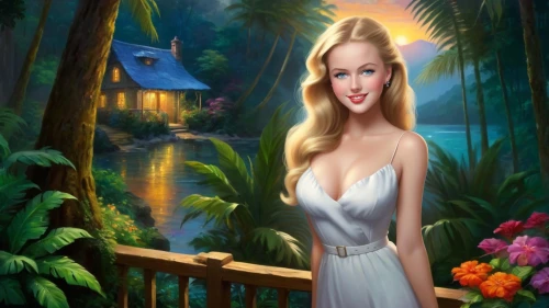 fantasy picture,world digital painting,amazonica,fantasy art,the blonde in the river,fairy tale character,girl in the garden,landscape background,garden of eden,secret garden of venus,fantasy portrait,tropico,celtic woman,forest background,fairyland,galadriel,photo painting,faires,romantic portrait,fantasy woman