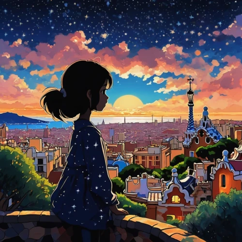 tiribocchi,studio ghibli,silhouette art,dream world,yazaki,french digital background,sakura background,japanese sakura background,sylvania,ghibli,beautiful wallpaper,houses silhouette,dusk background,eurodisney,cityscape,meteora,house silhouette,little world, silhouette,city view,Illustration,Japanese style,Japanese Style 14