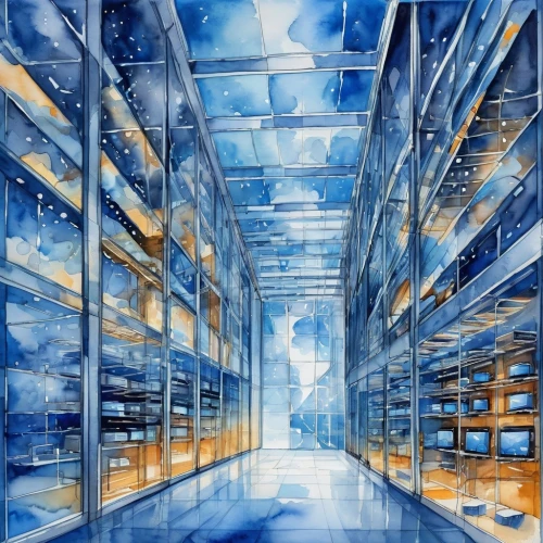 cryobank,datacenter,cloudstreet,supercomputer,blue room,data center,watercolor shops,cielo,supercomputing,petabytes,glass wall,sky space concept,supercomputers,cloud computing,storage,cold room,the server room,lockers,glass building,eckankar,Illustration,Paper based,Paper Based 24