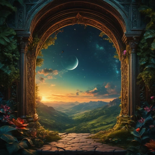 fantasy picture,fantasy landscape,windows wallpaper,landscape background,dreamscapes,dreamscape,crescent moon,fantasy art,dusk background,dream world,window to the world,dreamland,3d fantasy,cartoon video game background,dreamlands,doorways,fairy tale,fairyland,wonderlands,heaven gate,Photography,General,Fantasy