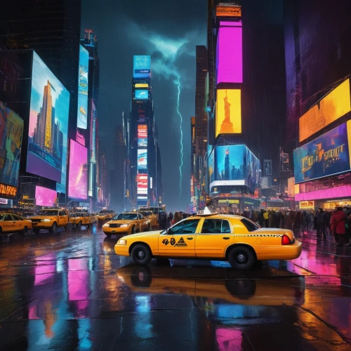 new york taxi,neons,time square,colorful city,new york,times square,futuristic landscape,cyberpunk,neon lights,neon,nytr,newyork,nyclu,world digital painting,bladerunner,taxicabs,new york streets,3d car wallpaper,car wallpapers,ny,Illustration,Children,Children 01