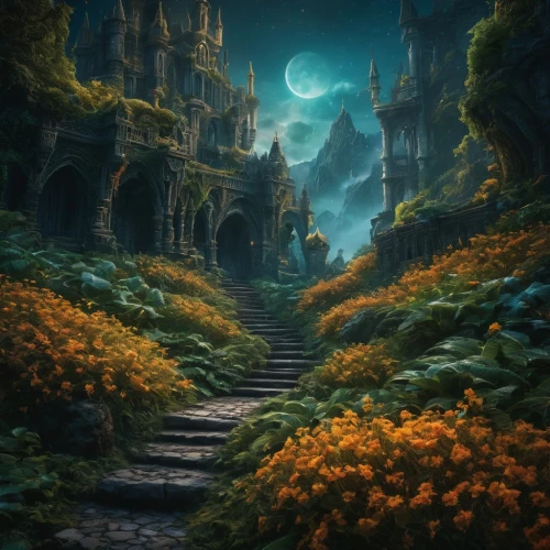 fantasy landscape,fantasy picture,fantasy art,way of the roses,the mystical path,elfland,elven forest,calydonian,hall of the fallen,alfheim,3d fantasy,nargothrond,forest of dreams,threshhold,fablehaven,witch's house,elves country,dreamlands,fairy forest,fairy village,Photography,General,Fantasy
