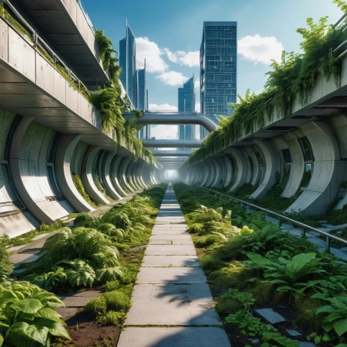 ecotopia,arcology,futuristic landscape,skybridge,futuristic architecture,tunnel of plants,skyways,terraformed,scampia,biopiracy,cybercity,topia,terraforming,plant tunnel,urbanworld,subpopulation,futuregen,infrastucture,urban design,habitats,Photography,General,Realistic