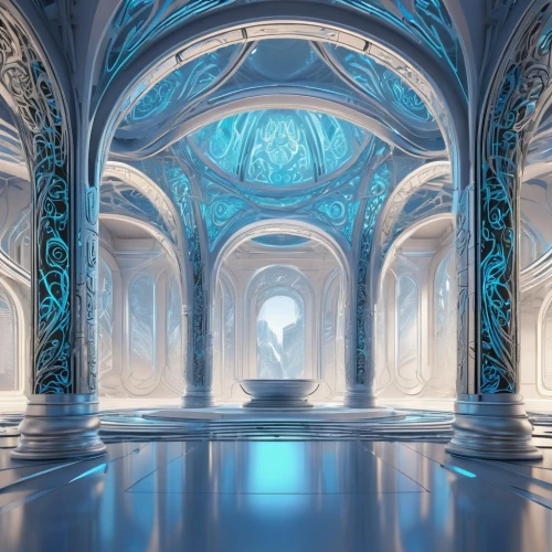 ice castle,hall of the fallen,ornate room,thingol,fractal environment,3d fantasy,sanctum,white temple,background design,theed,archways,floor fountain,labyrinthian,silico,jotunheim,marble palace,mihrab,blue room,alfheim,rivendell,Illustration,Black and White,Black and White 05
