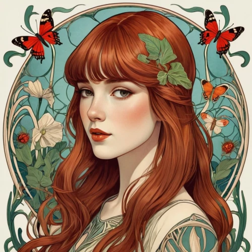 mucha,ceremonials,seelie,maedhros,persephone,etain,behenna,triss,faery,fantasy portrait,flora,boho art style,fairie,sigyn,fairy queen,faerie,guinevere,ellinor,victoriana,fairy tale character,Illustration,Retro,Retro 08