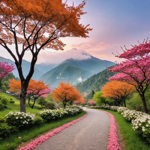 blooming trees,splendor of flowers,flowering trees,beautiful landscape,colors of spring,nature wallpaper,spring nature,landscape background,springtime background,nature landscape,the valley of flowers,spring background,blossom tree,nature background,splendid colors,landscapes beautiful,spring blossom,cherry blossom tree-lined avenue,flower background,japanese cherry trees,Photography,General,Realistic