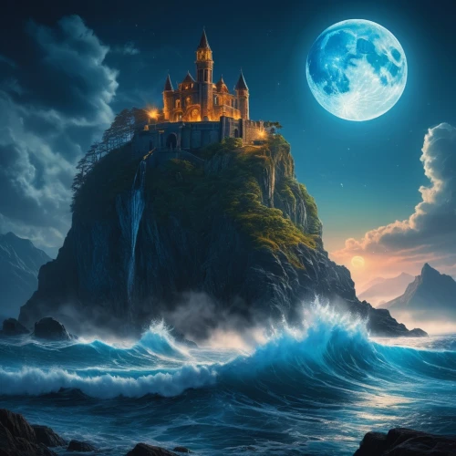 fantasy picture,dragonstone,fantasy landscape,blue moon,forteresse,moonlit night,fantasy art,atlantica,fairytale castle,ghost castle,house of the sea,dreamscapes,fairy tale castle,castel,mont saint michel,sea night,moonlit,lyonesse,moonlighted,castle of the corvin,Photography,General,Fantasy