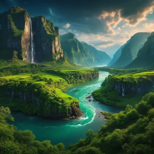 fantasy landscape,landscape background,nature background,nature wallpaper,river landscape,beautiful landscape,windows wallpaper,mountainous landscape,green waterfall,cartoon video game background,mountain landscape,nature landscape,fantasy picture,full hd wallpaper,background view nature,landscapes beautiful,natural scenery,mountain valleys,the natural scenery,world digital painting,Photography,General,Fantasy