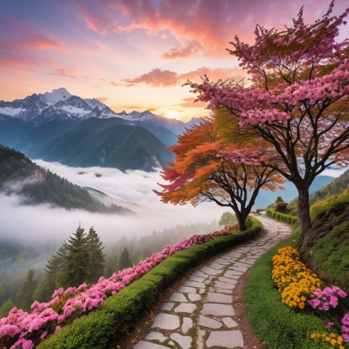 beautiful landscape,mountain landscape,nature landscape,the valley of flowers,splendor of flowers,nature wallpaper,alpine landscape,splendid colors,landscapes beautiful,landscape nature,mountain flowers,natural scenery,mountain sunrise,beautiful nature,mountain flower,mountainous landscape,foggy landscape,south korea,landscape background,spring nature,Photography,General,Realistic
