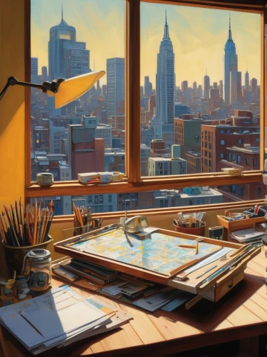 schuiten,schuitema,study room,modern office,world digital painting,workspace,sci fiction illustration,struzan,cityscape,cityscapes,office desk,boardroom,manhattan skyline,offices,working space,new york skyline,manhattan,hildebrandt,city scape,work space,Conceptual Art,Oil color,Oil Color 04