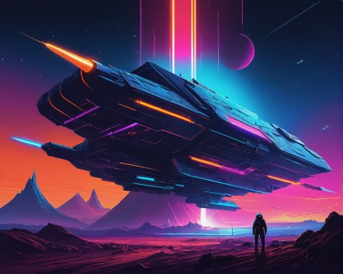 neon arrows,scifi,gradius,80's design,futuristic landscape,synth,space ships,polara,sci - fi,futuristic,extrasolar,alien ship,parsec,starship,meteor,comets,space ship,sci fi,farpoint,spaceship,Conceptual Art,Sci-Fi,Sci-Fi 12