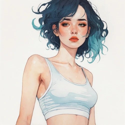 watercolor blue,kommuna,karou,marinette,crop top,watercolor pin up,hausser,blue hair,seafoam,manami,panatta,clementine,girl portrait,bulma,blue mint,soft pastel,frosta,watercolor,krita,watercolors,Illustration,Paper based,Paper Based 19