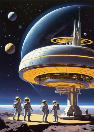 futuristic landscape,sky space concept,jupiters,earth station,spaceport,colonist,sci fiction illustration,moonbase,space port,ufo,planetarium,deltha,space art,moon base alpha-1,spaceliner,mcquarrie,saturnrings,colony,homeworld,interplanetary,Illustration,Retro,Retro 04