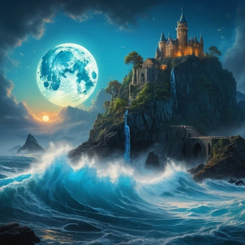 fantasy picture,atlantica,fantasy landscape,fantasy art,dragonstone,sea fantasy,blue moon,dreamscapes,ocean background,sea night,house of the sea,ghost castle,ocean paradise,3d fantasy,dreamland,moonlit night,waterglobe,sea landscape,dreamscape,fairy tale castle,Photography,General,Fantasy