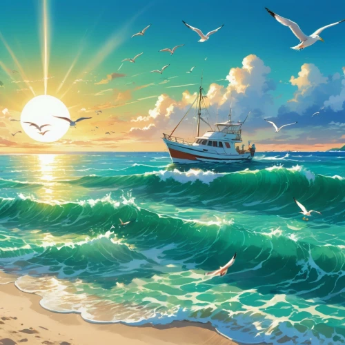 ocean background,sun and sea,fishing boat,boat on sea,dolphin background,birds of the sea,open sea,beautiful wallpaper,fishing boats,world digital painting,kite boarder wallpaper,ocean,at sea,sea landscape,full hd wallpaper,sea fantasy,beach background,summer background,sea swallow,boat landscape,Illustration,Japanese style,Japanese Style 03